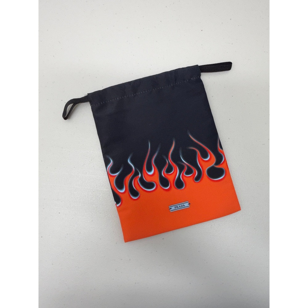 Authentic Prada Flame Print Drawstring Empty Pouch Black Orange Made in Italy